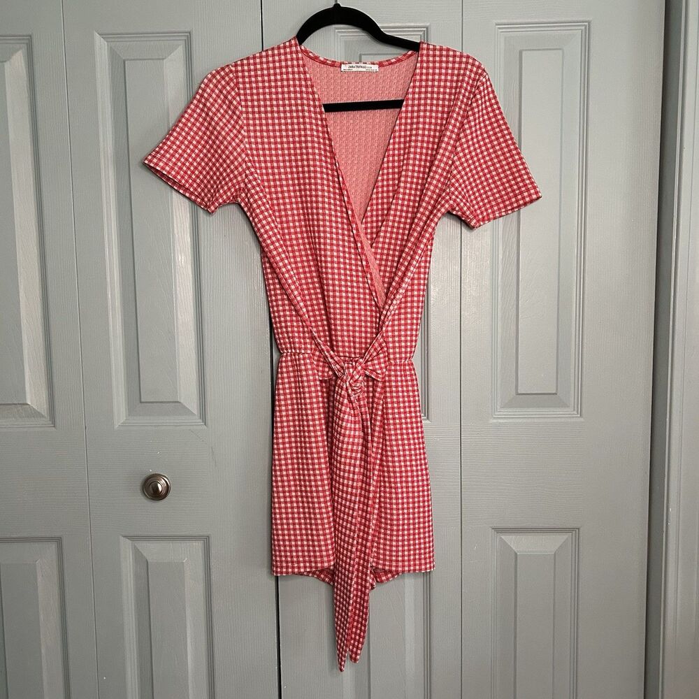 Zara Trafaluc TRF Women Red Check V-Neck‎ Waist Tie Wrap Romper Small